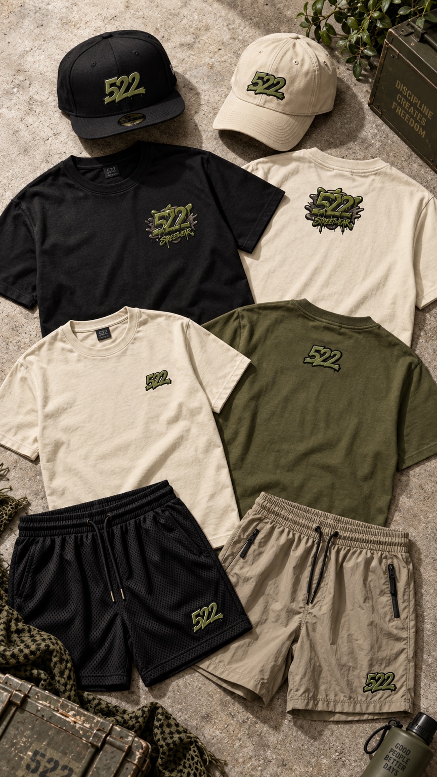 Mockup de piezas 522 Streetwear en tonos tierra