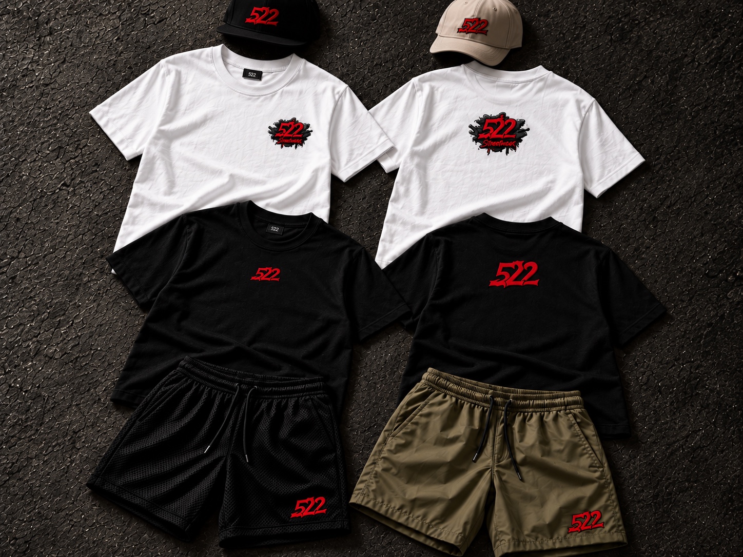 Mockup de piezas 522 Streetwear en negro, blanco y verde